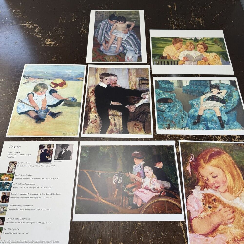 Mary Cassatt Impressionist Art Prints Set Of 7 + Bio Sheet 8.5x11 Blue Armchair